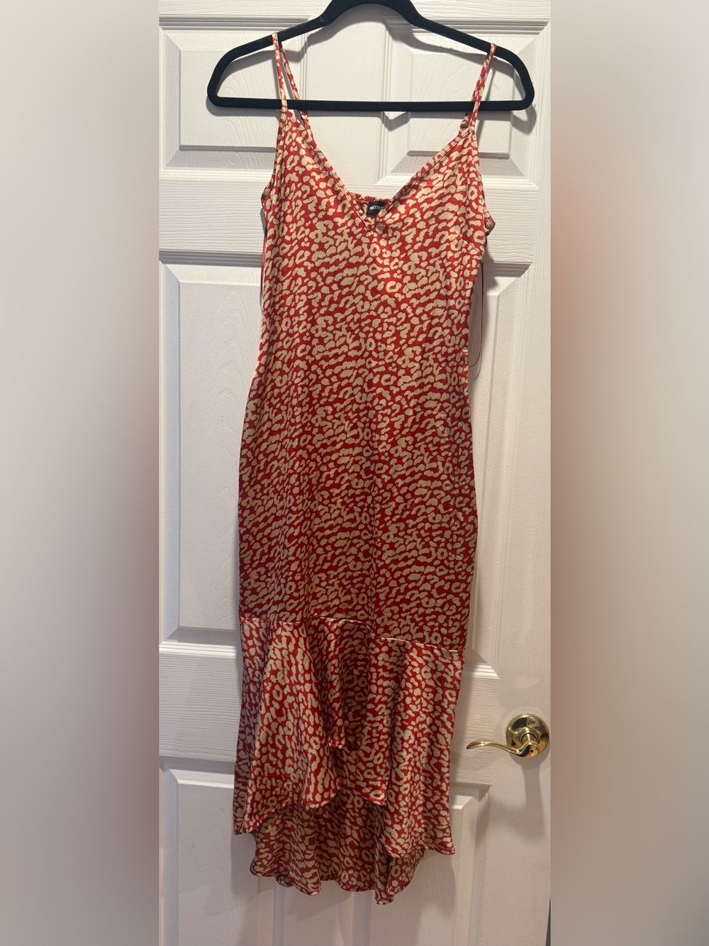 Red and Cream Printed Midi Slip Dress with Ruffle Hem